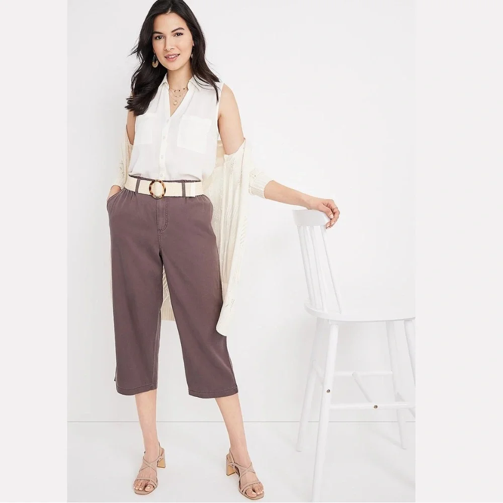 Maurices Solid High Rise Cropped Wide Leg Weekender Pant XL BNWT Brown Arrow - Picture 2 of 11